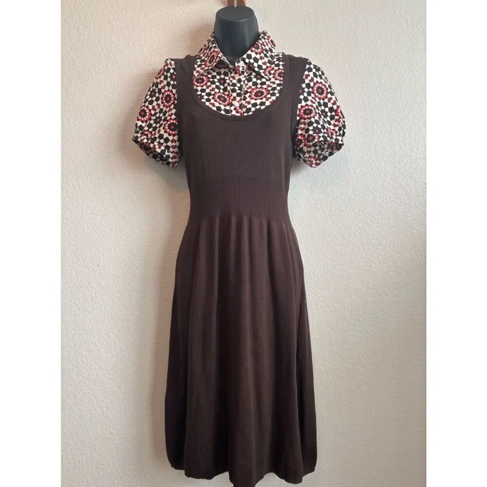 Tory Burch Brown Knit Midi Dress with Printed Puff-Sleeve Blouse